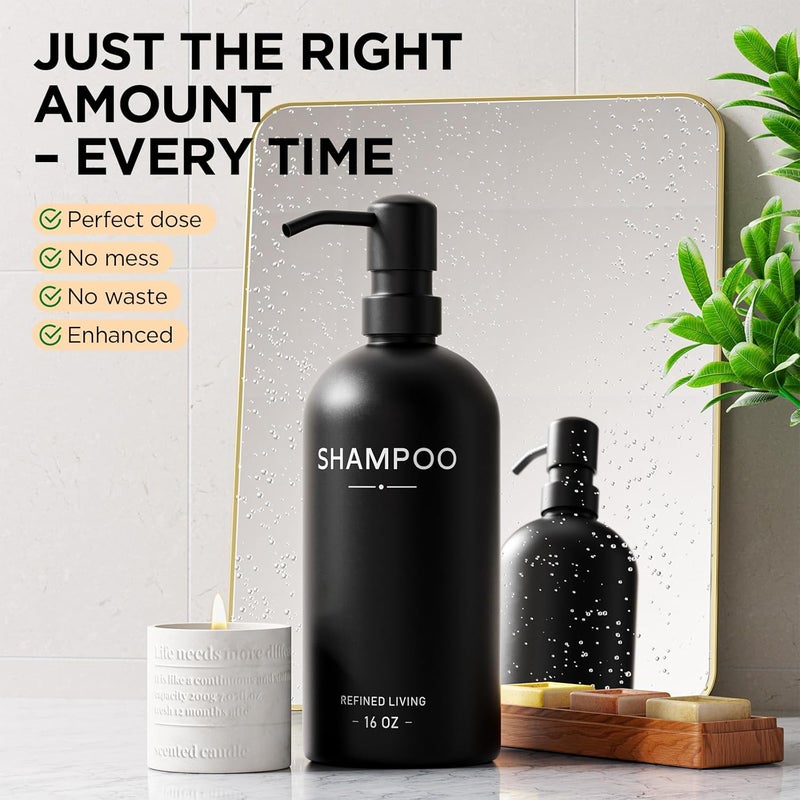 Aeakey Shampoo and Conditioner Dispenser Set,3 Refillable 16oz Bottles with Stainless Steel Pumps – Shower Soap Dispensers for Bathroom, Hotel or Airbnb (Black, 3-Pack) - Image 5